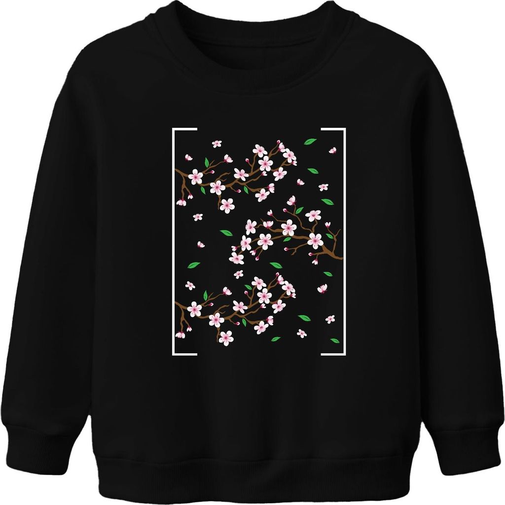 Kirschblüten Sakura Zweige Frühling Japanisch Blütenmuster Stil Uni Kinder Sweatshirt Pullover, Schwarz, 140