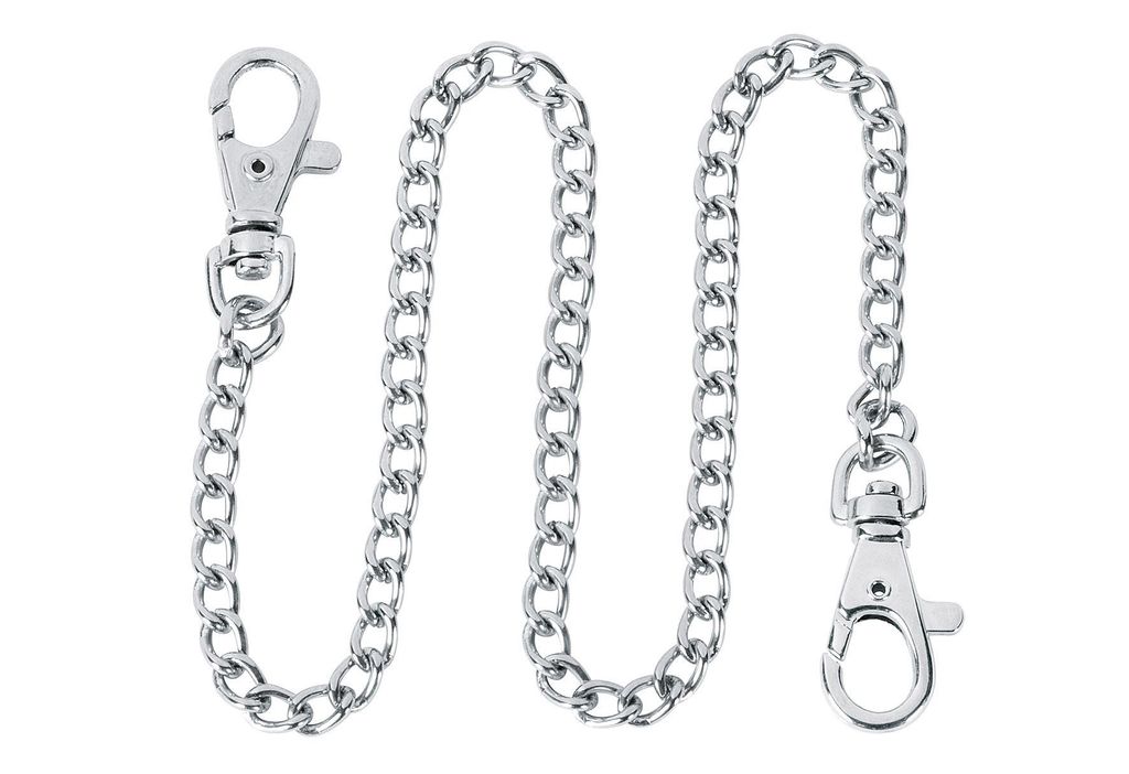 A silver chain with two clasps on a white background.