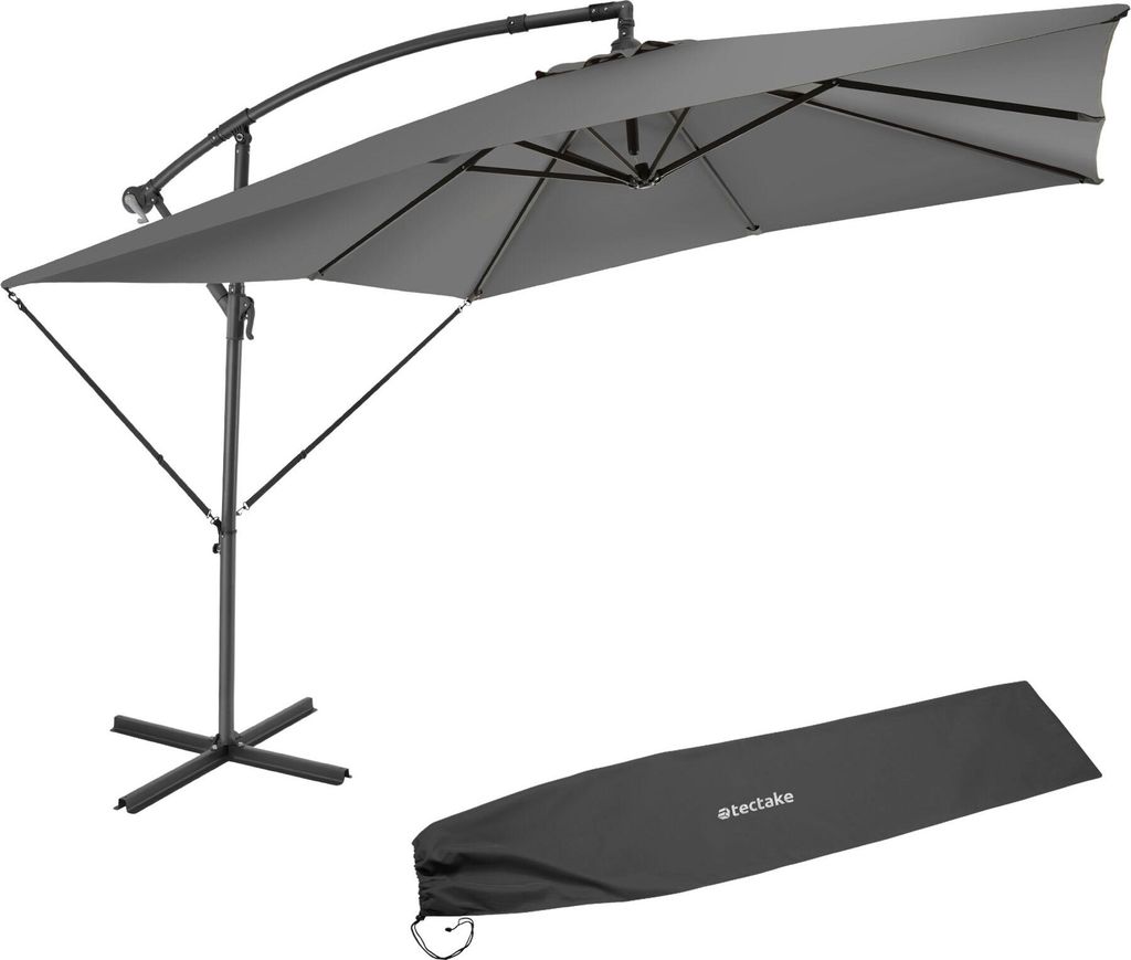 A gray cantilever umbrella and its cover are displayed against a white background.