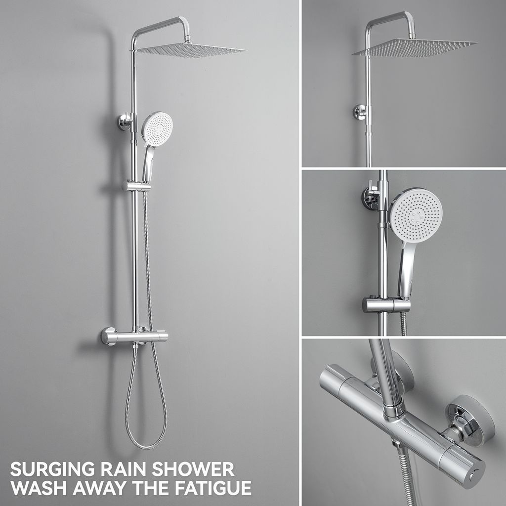 DERW Max Duschsystem mit Thermostat, Regendusche Regenkopf Runde Duschsäule Duschgarnitur inkl. 5 Strahlarten Handbrause, Edelstahl