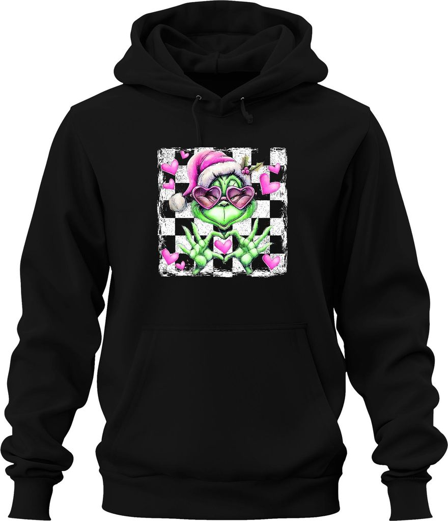Grinch Herzbrille rosa Weihnachtshut Herzen Valentinstag Retro Uni Hoodie Kapuzenpullover, Schwarz, 3XL