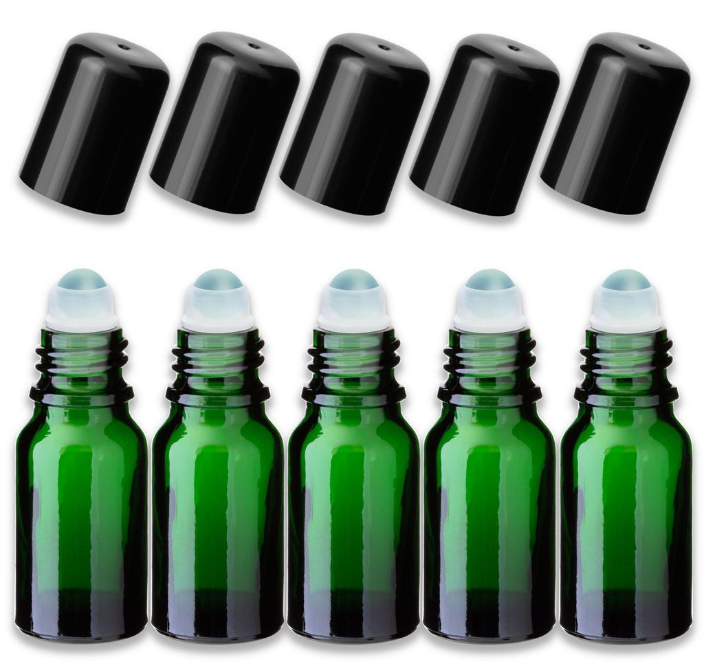 5x Grüne Glasflasche 10 ml Roll-On mit schwarzem Verschluss Produktbild 