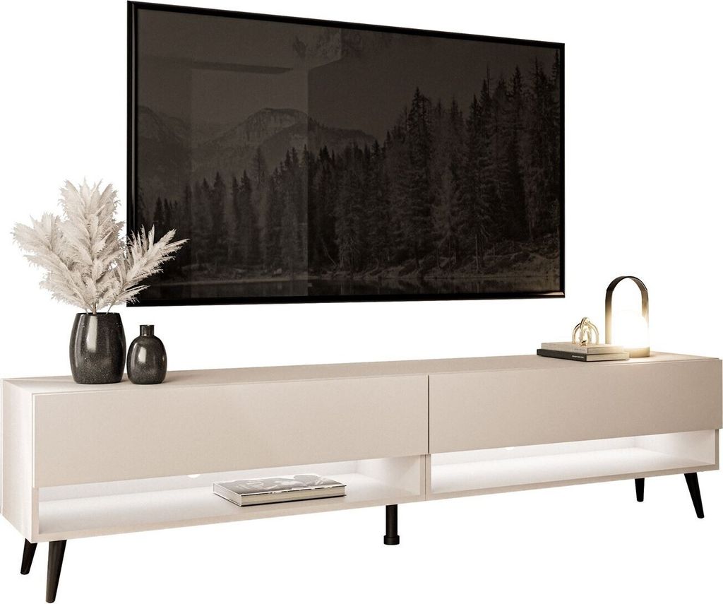 A modern TV stand with a large TV mounted above it.