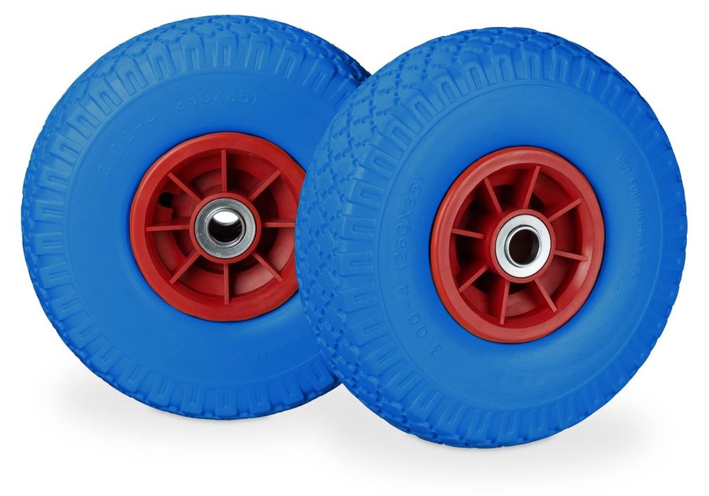 8 x Sackkarrenrad, pannensichere Vollgummireifen, 3.00-4 Zoll, 20 mm Achse, bis 80 kg, Ersatzrad 260 x 85 mm, blau-rot