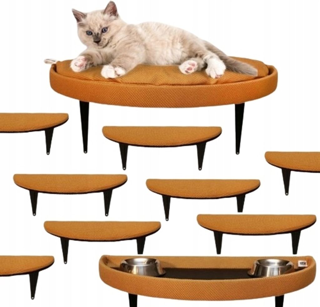 Wandset für Katzen mit Bett, Regal und Futterplatz, 8 Stufen, senfgelb