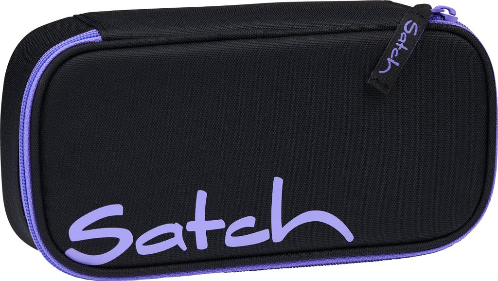 A black pencil case with purple trim and lettering.