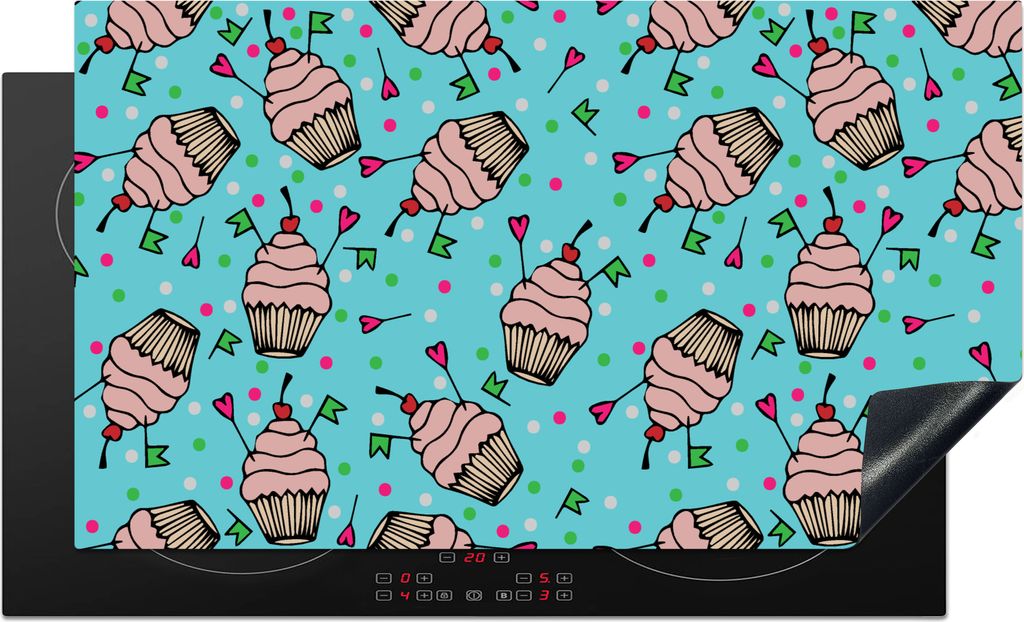 KitchenYeah Herdabdeckplatte Cupcake - Punkte - Party - Muster , 89x51cm, Küche Deko, Glaskeramikkochfeld Herdabdeckung, Abdeckplatte fùr Kochfeld