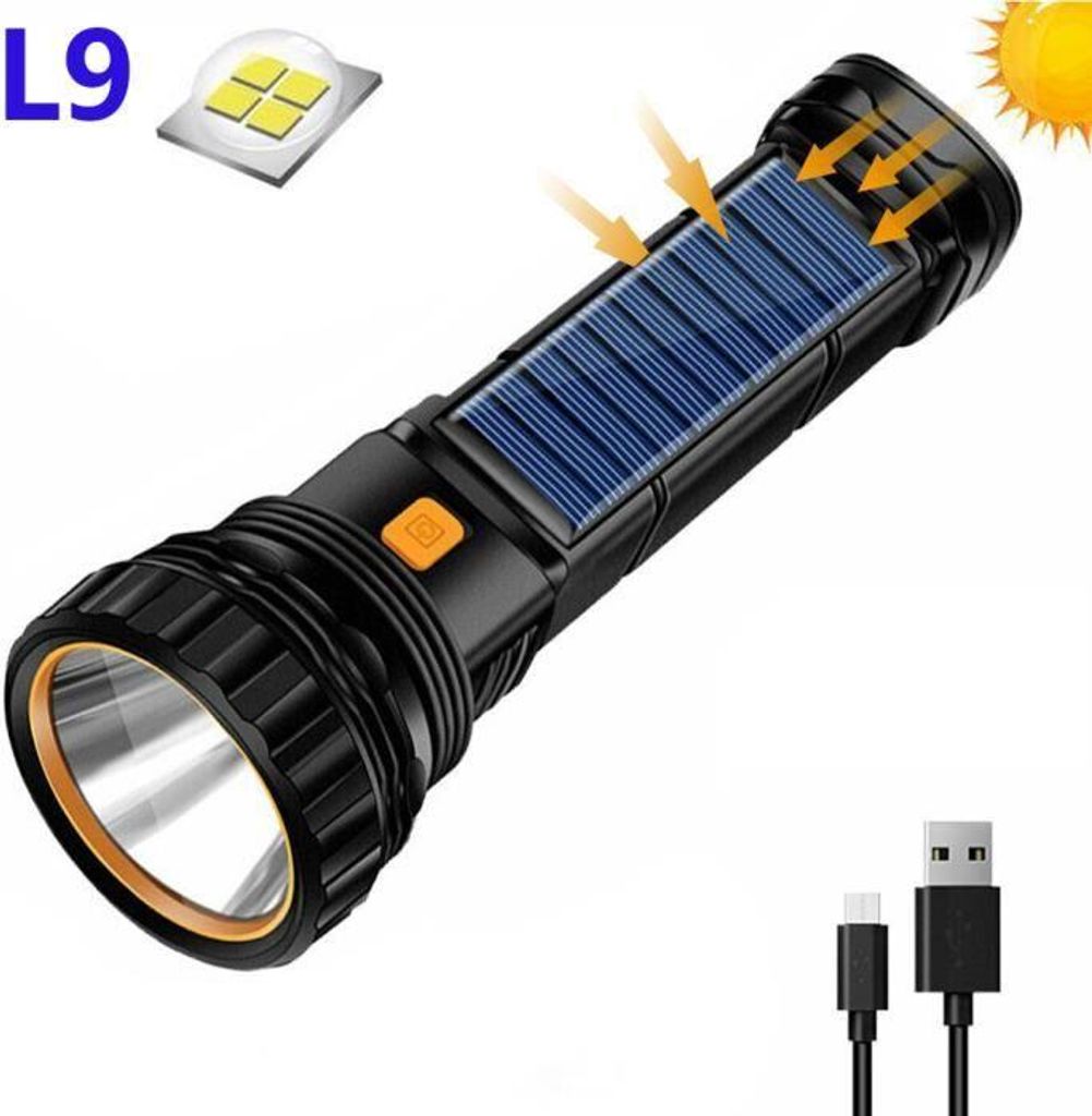 Leistungsstarke, per USB aufladbare Solar-LED-Taschenlampe mit seitlichem COB-Licht und Powerbank (1500-mAh-Akku im Lieferumfang enthalten)