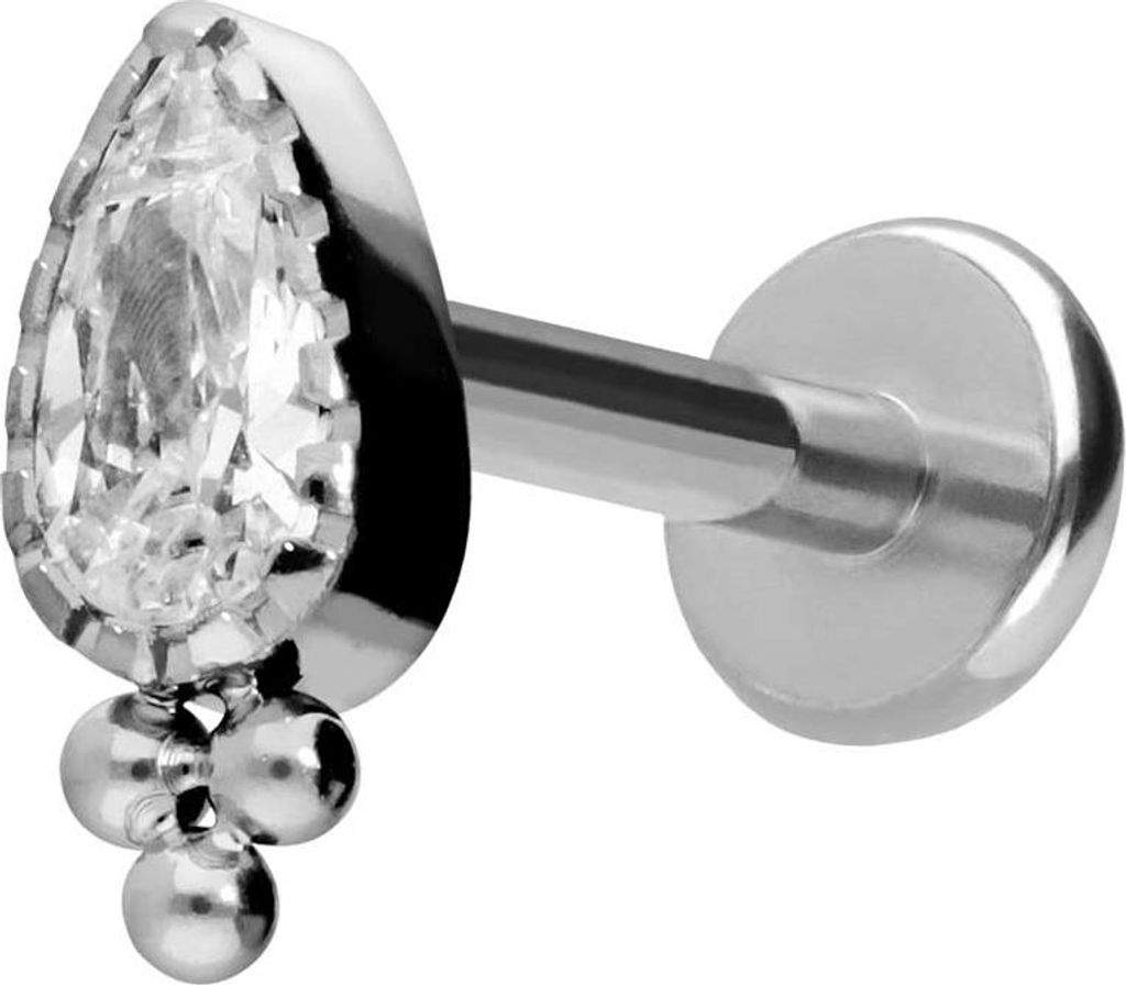 Ohrpiercing, Nasenpiercing Titan Labret mit Push Fit KRISTALLTROPFEN + KUGELN Silber Stablänge: 9mm | Stabstärke: 1,2mm