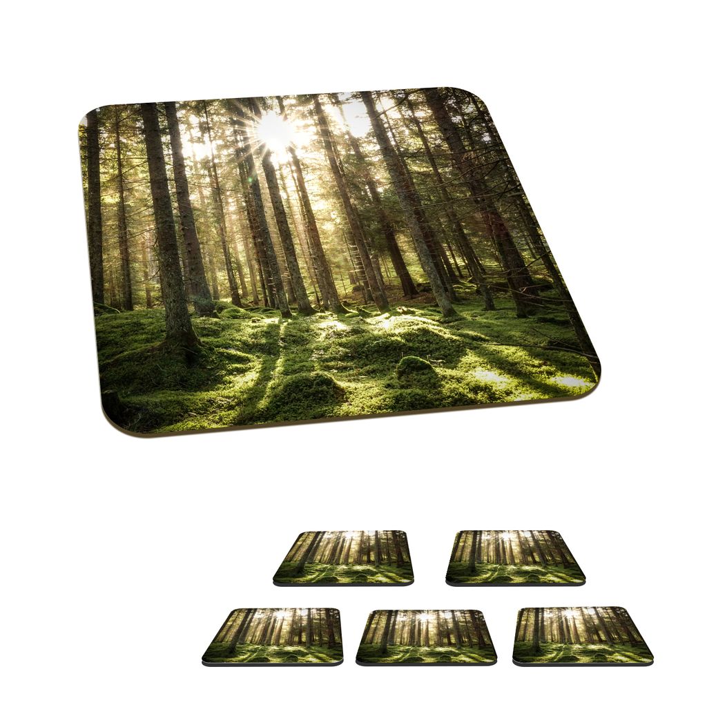 KitchenYeah Glasuntersetzer Quadratisch 6er Set Wald - Moos - Baum 10x10 cm Untersetzer für Gläser - Getränkeuntersetzer - Tischplattenschutz...