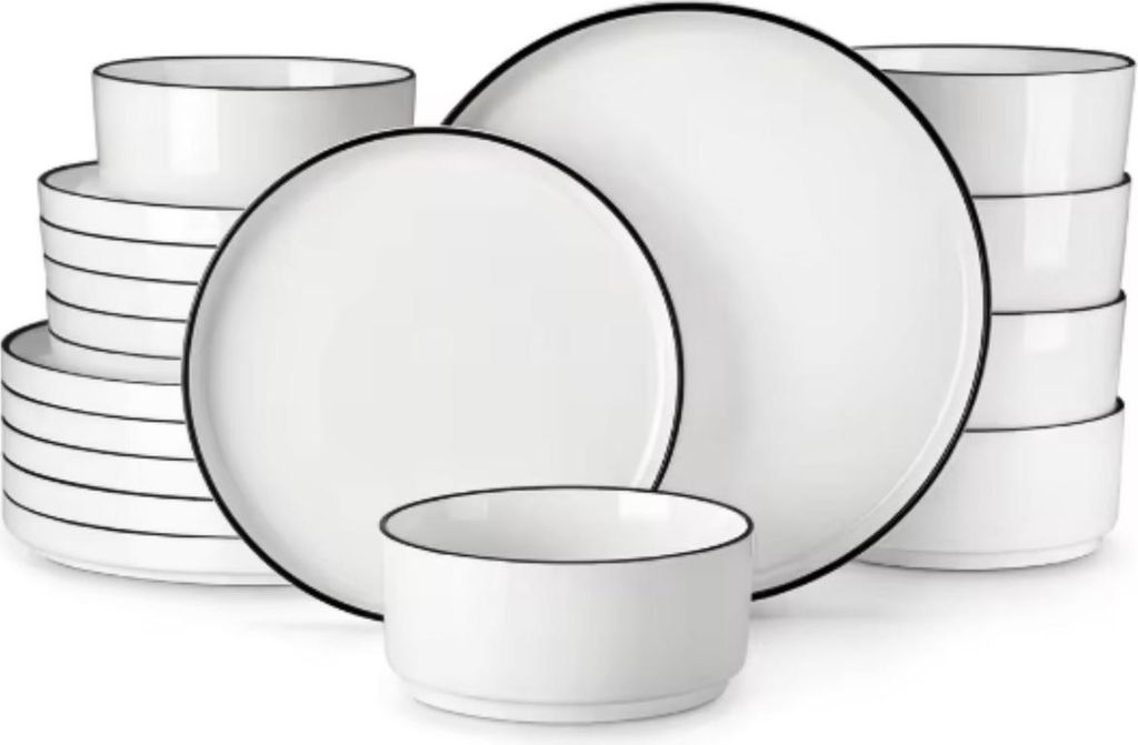 Royal Serviesset – 12-teilig – 4 Personen – Weiß mit schwarzer Rand – Keramik – Frühstücks- & Essteller