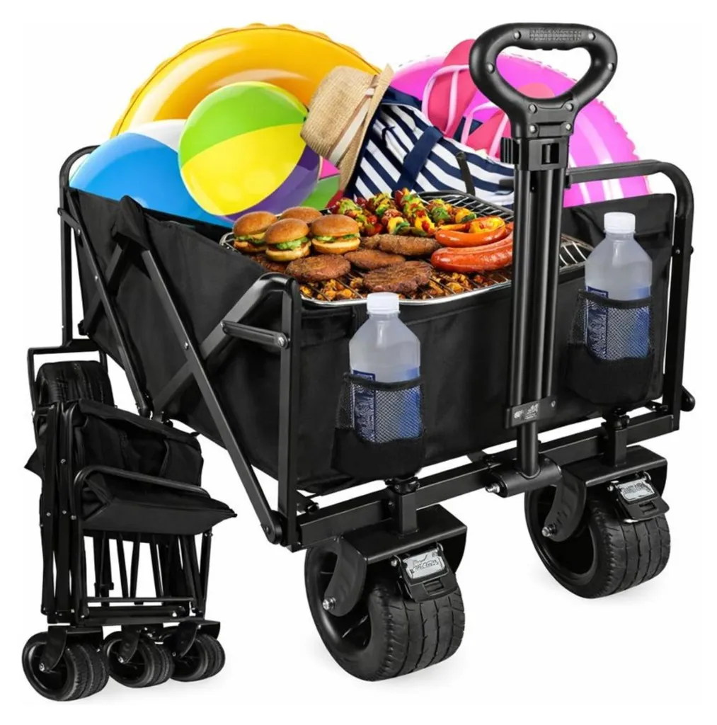 Chariot de jardin pliable multi-usage noir, charge 100 kg, roues larges