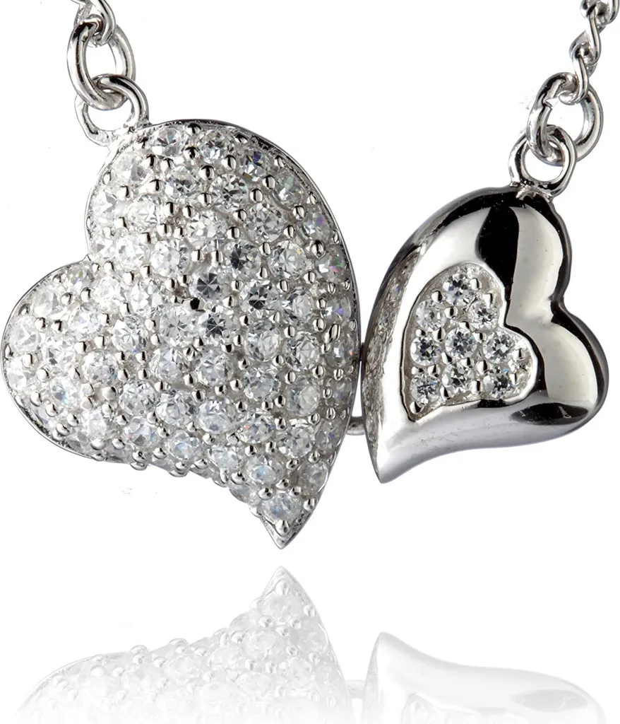 Collana Donna Argento 925 Rodiato 2 Cuori con Zirconi Bianchi - Idea Regalo