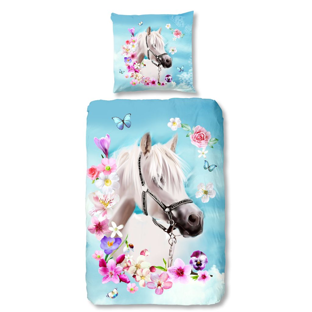 Pferde Blumen Kinder-Bettwäsche 80x80 + 135x200 cm · Mädchen-Bettwäsche mit Pferd - 100% Baumwolle in Renforcé