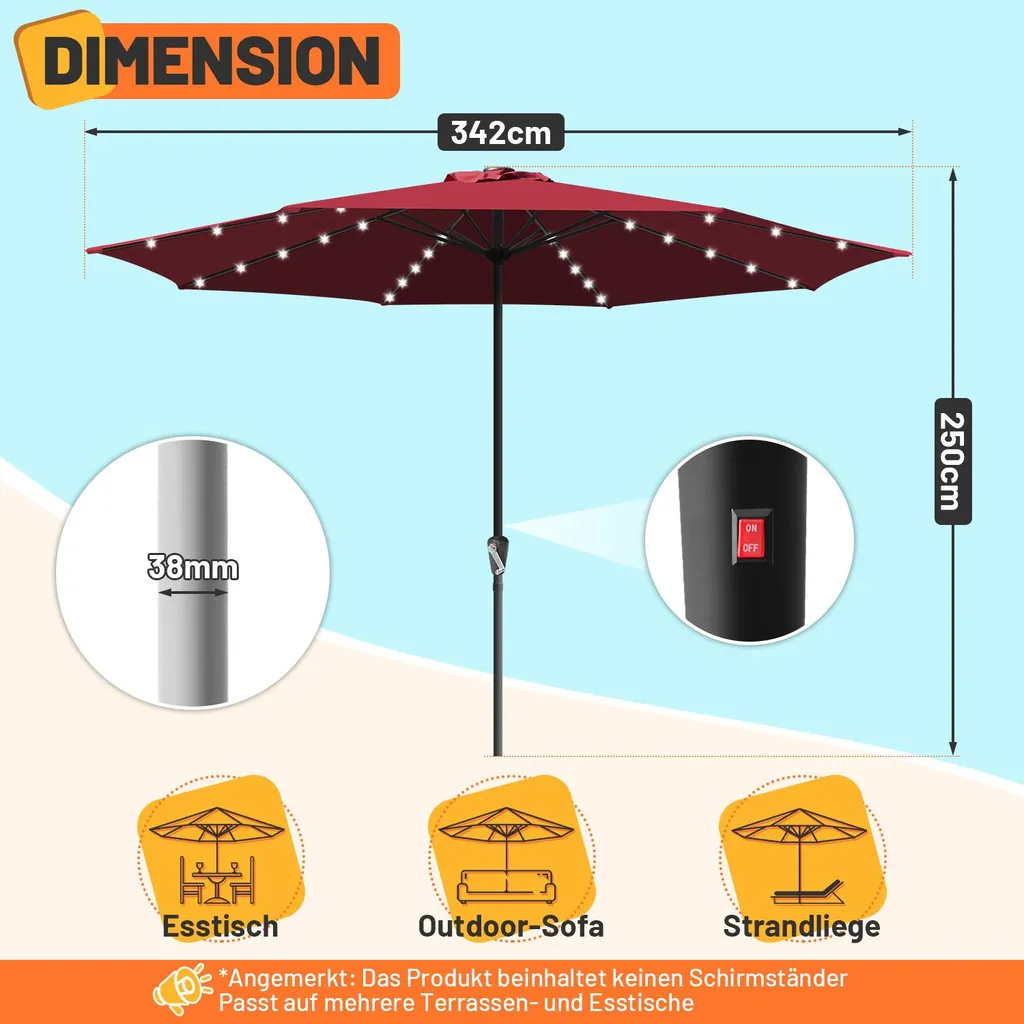 Izrielar Ombrellone 3,5 m con Luci LED - Parasole Rosso per Terrazza - 2