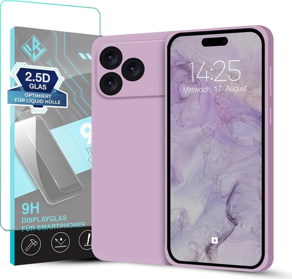 Hülle für Apple iPhone 17 Pro mit 9H Displayglas Displayschutz Plus Case Cover Bumper Silikon Softgrip Schutzhülle Farbe: Lila