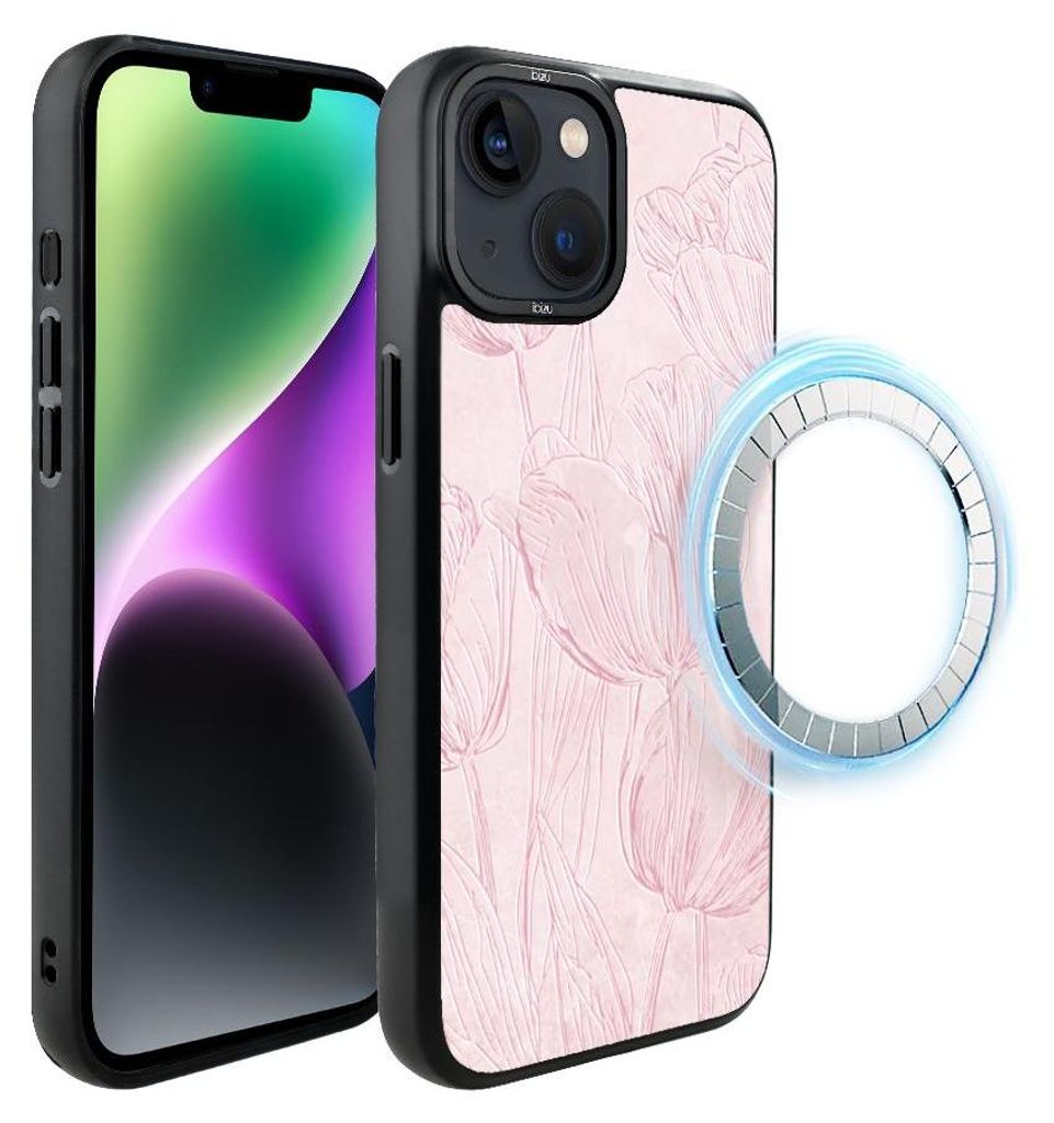 Schutzhülle für das iPhone 14, MagSafe-kompatibel, mattschwarze Seiten, rosa Tulpen