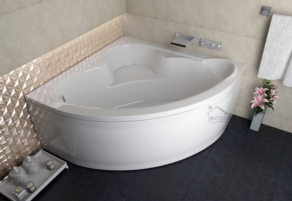 ECOLAM Badewanne Eckbadewanne Eckwanne Wanne Acryl Standard mit Sitz 120x120 Schürze Füße Silikon + Ablaufgarnitur GRATIS Komplett-Set