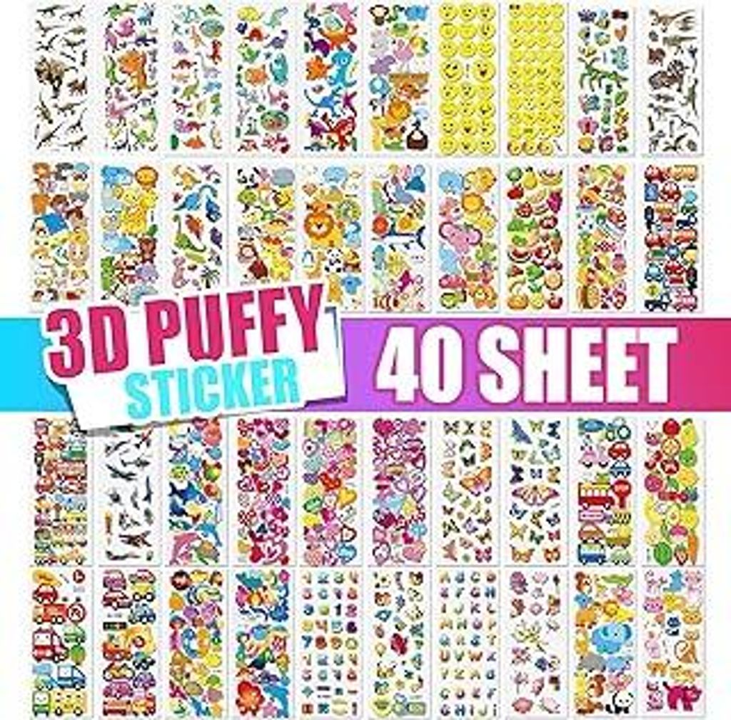 colortouch 3D Aufkleber für Kinder, 40 Blätter Verschiedene 3D Geschwollene Stickers, Kinderaufkleber für Lehrer, Jungen, Mädchen, Kleinkinder,...
