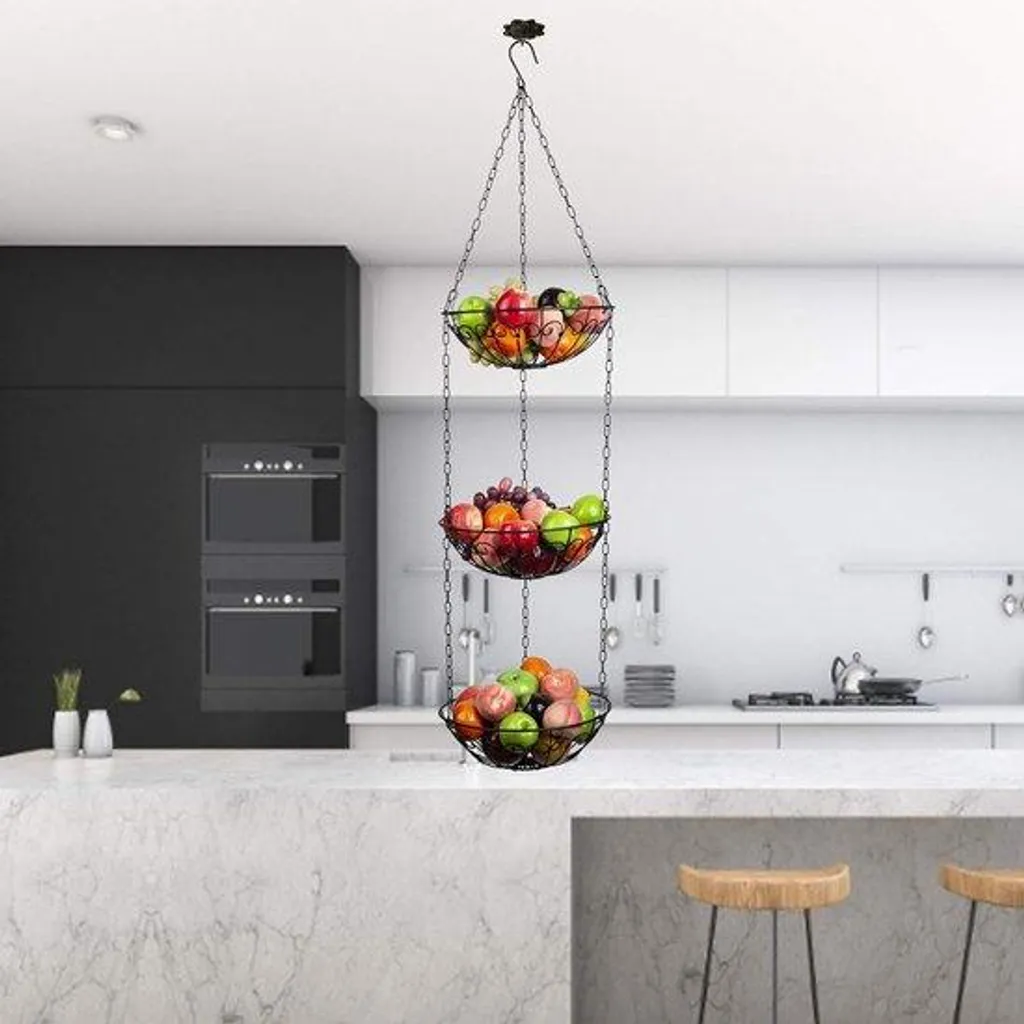 Support à fruits suspendu 3 niveaux en métal noir, hauteur de 115 cm