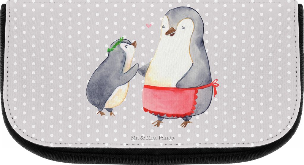 Mr. & Mrs. Panda Beauty Bag Pinguin mit Kind - Grau Pastell - Geschenk, Organizer, Schminktasche, Mutter, Vatertag, kulturtäschchen, kosmetiktäsc...