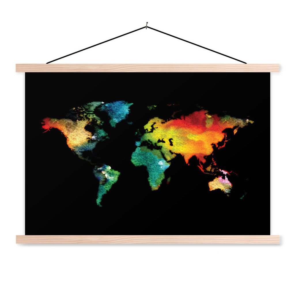 MuchoWow Textilposter Weltkarte - Wasserfarben 120x80 cm mit holzfarbenen Rahmen - Aufhängeset