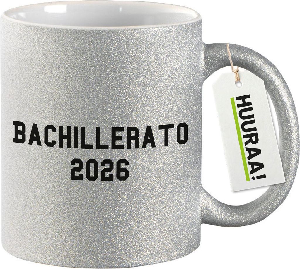 Huuraa Glitzertasse Bachillerato 2026 Abschluss Spanien 330ml Silber Keramik Kaffeebecher Geschenkidee
