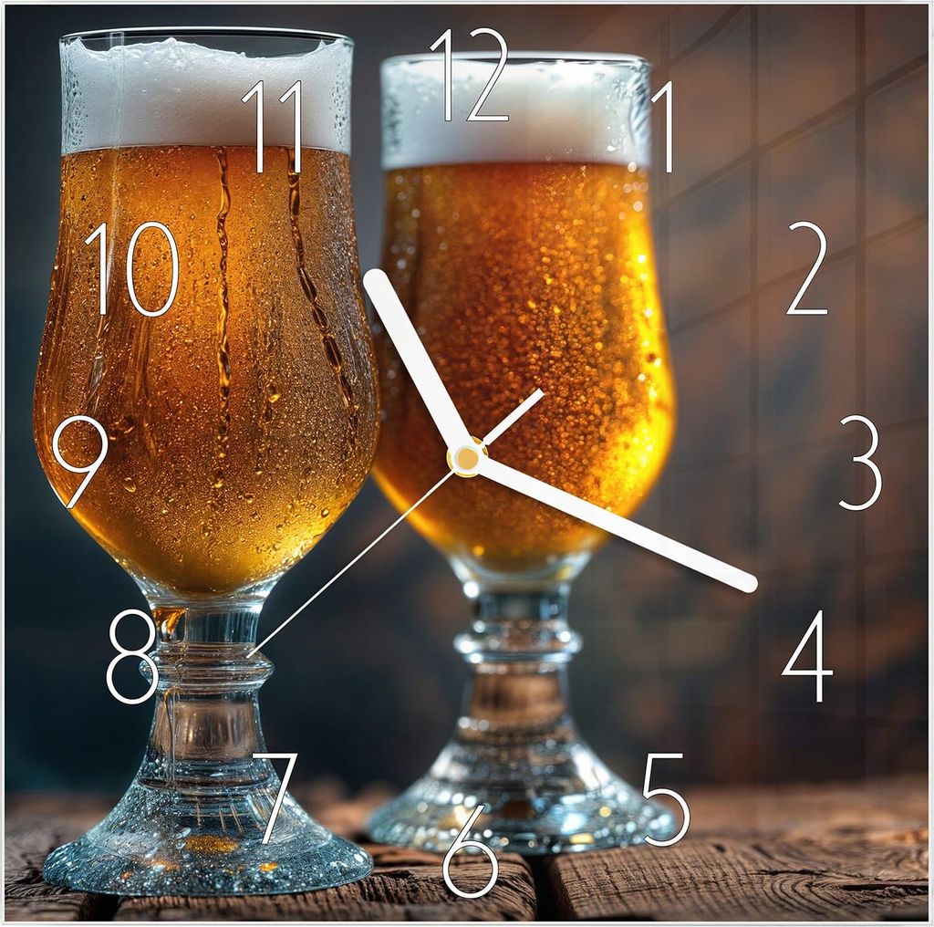 Wanduhr aus Glas mit Motiv Zwei Biergläser Holz- 30 x 30 cm - inkl. Aufhängesystem