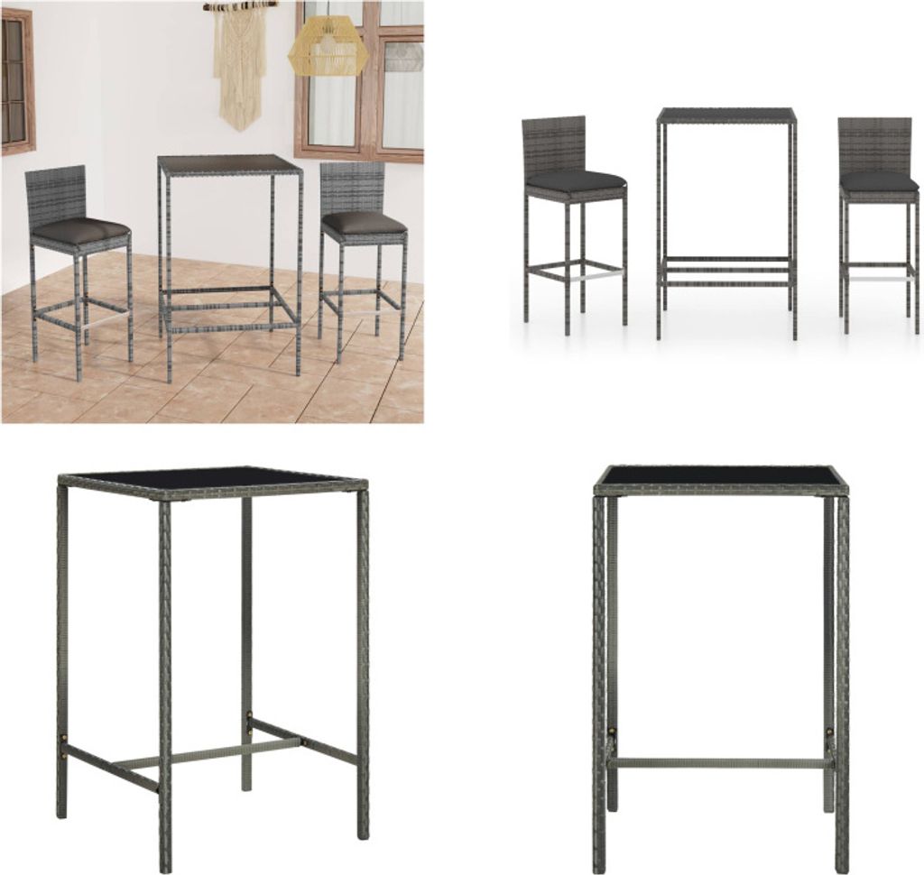 vidaXL 3 tlg. Gartenbar Set mit Kissen Poly Rattan Grau - Bar-Set - Bar-Sets - Bartisch Und Barhocker - Bartisch