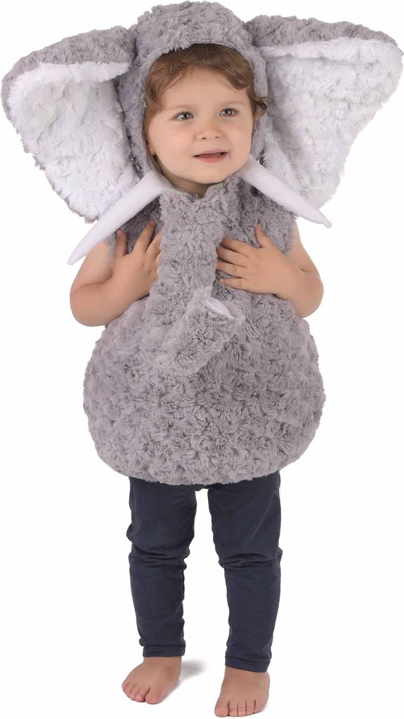 A young child wearing a plush elephant costume.
