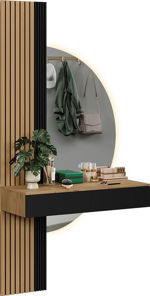 A modern vanity table with a mirror and accessories.