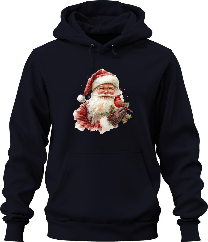 Weihnachtsmann mit Kardinalvogel Tannenzweig Aquarell Vintage Uni Hoodie Kapuzenpullover, Navy, S