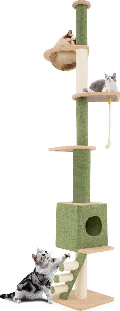 A tall, multi-level cat tree with various platforms, a hanging toy, and a cubby house, featuring two cats interacting with it.