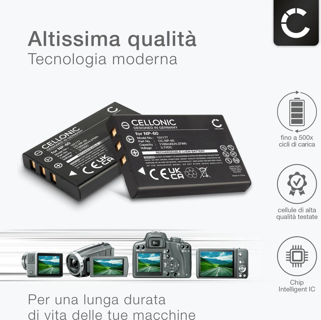 CELLONIC 2x Batteria per Fotocamera Compatibile con Rollei Movieline SD55, Prego dp6000, Movieline DV5, NP-60 – (1180mAh, 3.7V