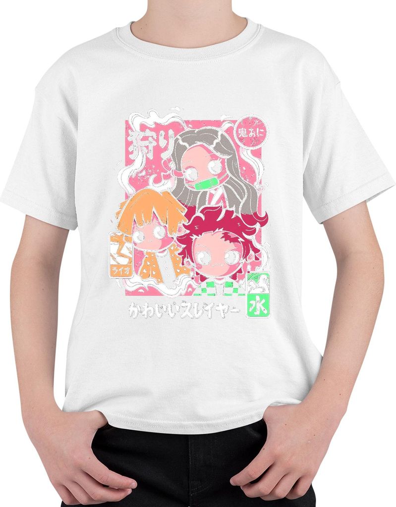 Kimetsu no Yaiba Tanjiro Nezuko Zenitsu かわいいスレイヤー Chibi Kawaii Uni Kinder T-Shirt, Weiß, 152