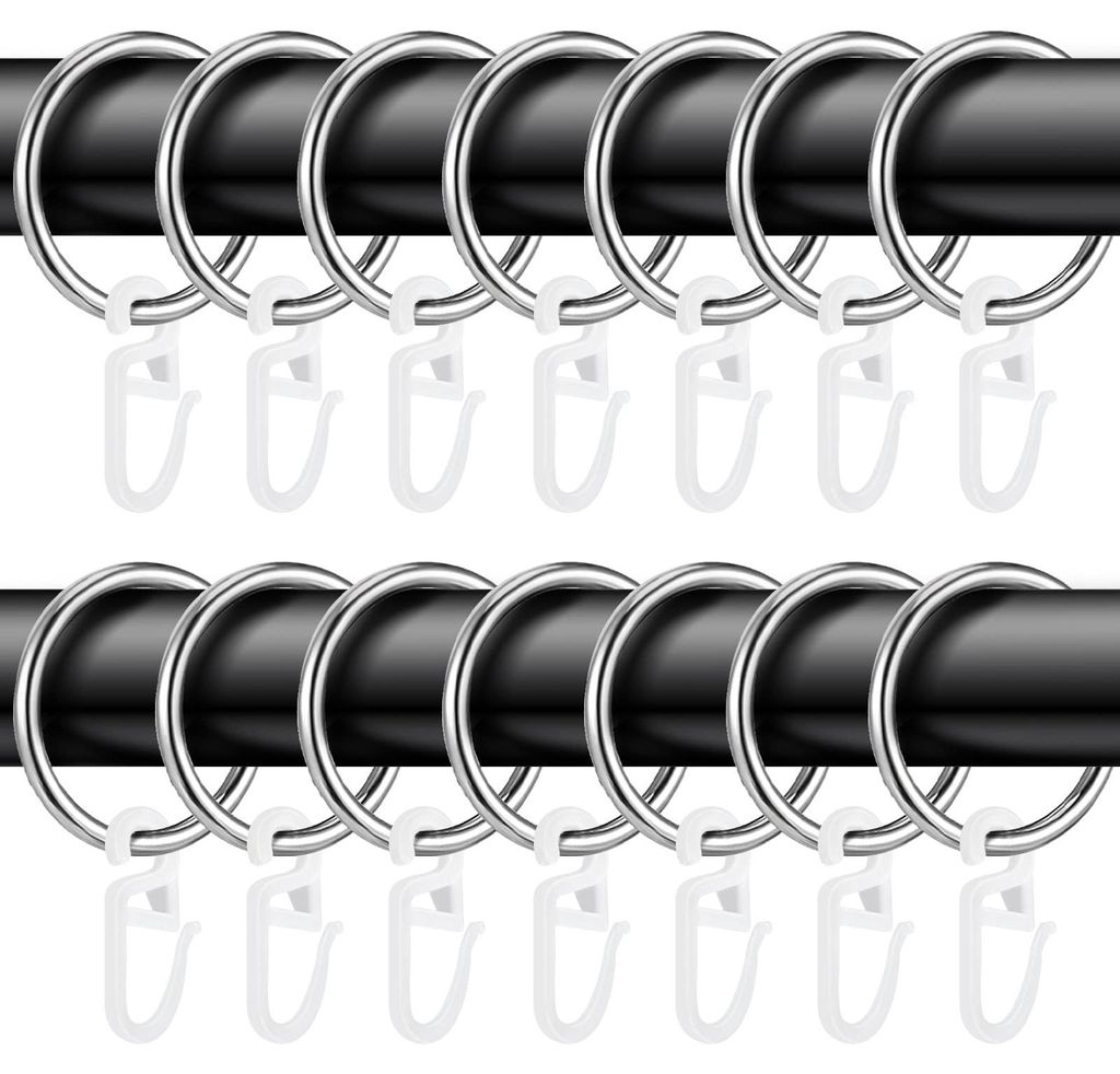 50 Metall-Gardinenringe und 50 Kunststoff-Gardinenhaken, 32 mm Innendurchmesser, für Fenstergardinen, Bettgardinen und Duschgardinen.