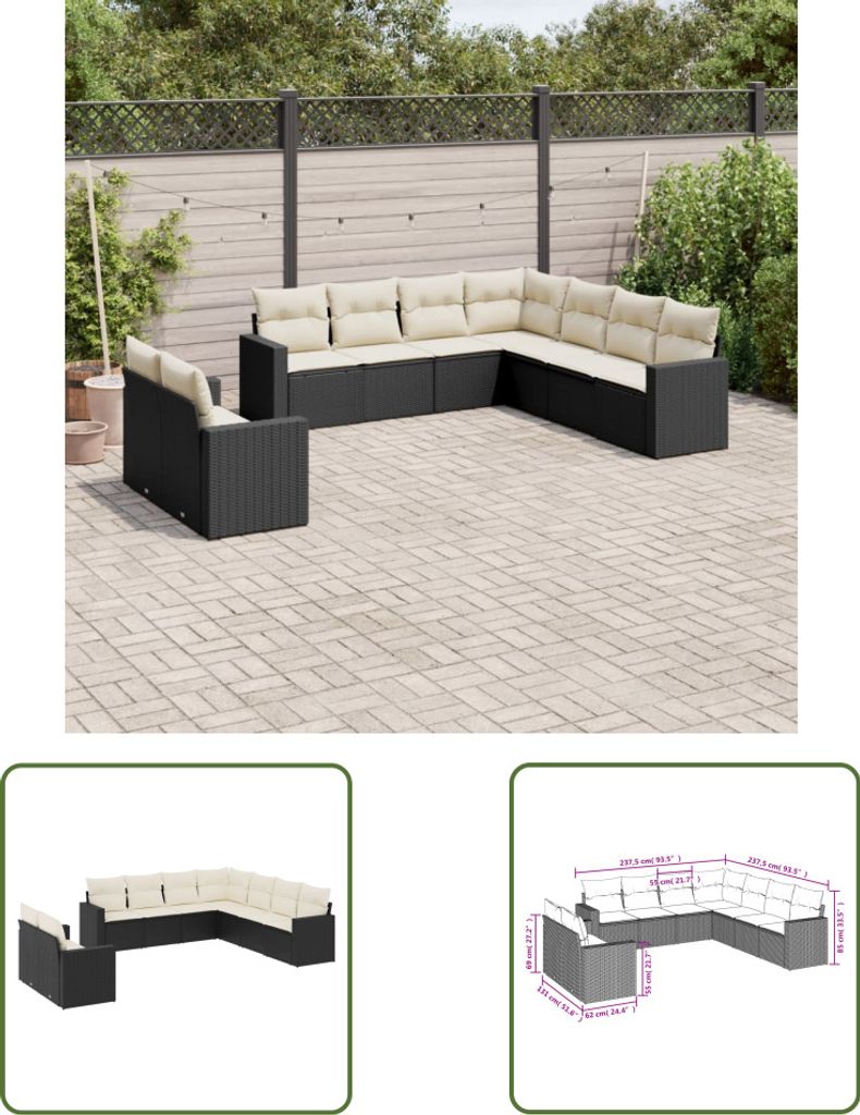 The Living Store 9-tlg. Garten-Sofagarnitur mit Kissen Schwarz Poly Rattan