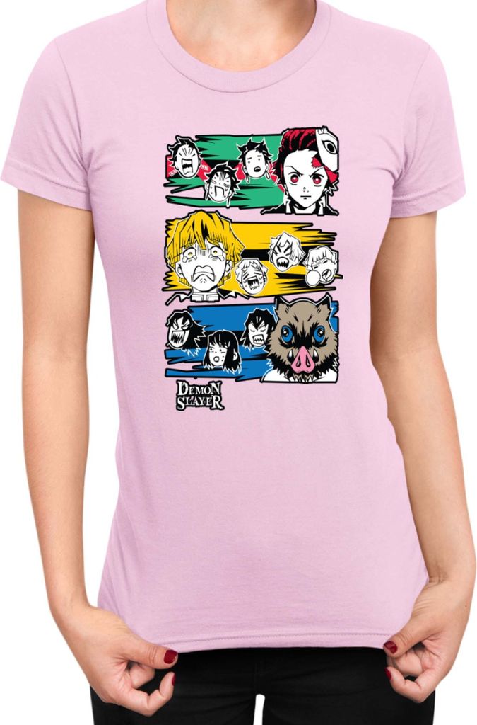 Damen T-Shirt Demon Anime Slayer Kimetsu No Yaiba Tanjiro Zenitsu Inosuke 001, Lady XS / Hellrosa