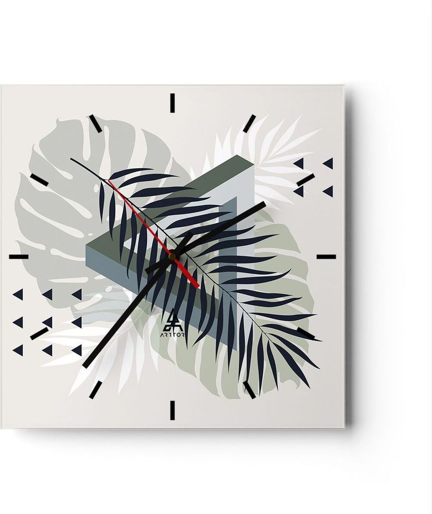 Wanduhr - Quadrat - Glasuhr - Monstera Palme Grafik - 40x40cm - Schleichendes Uhrwerk - Lautlos - zum Aufhängen bereit - Dekoration Modern - Wandd...