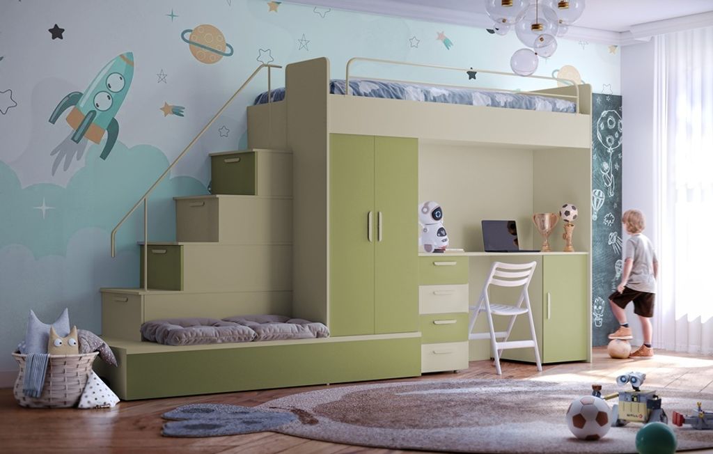 Etagenbett FELIX 5, Hochglanz Kinderbett, Hochbett, MIT Matratze und Lattenrost (Kaschmir + Olive, Glanz)