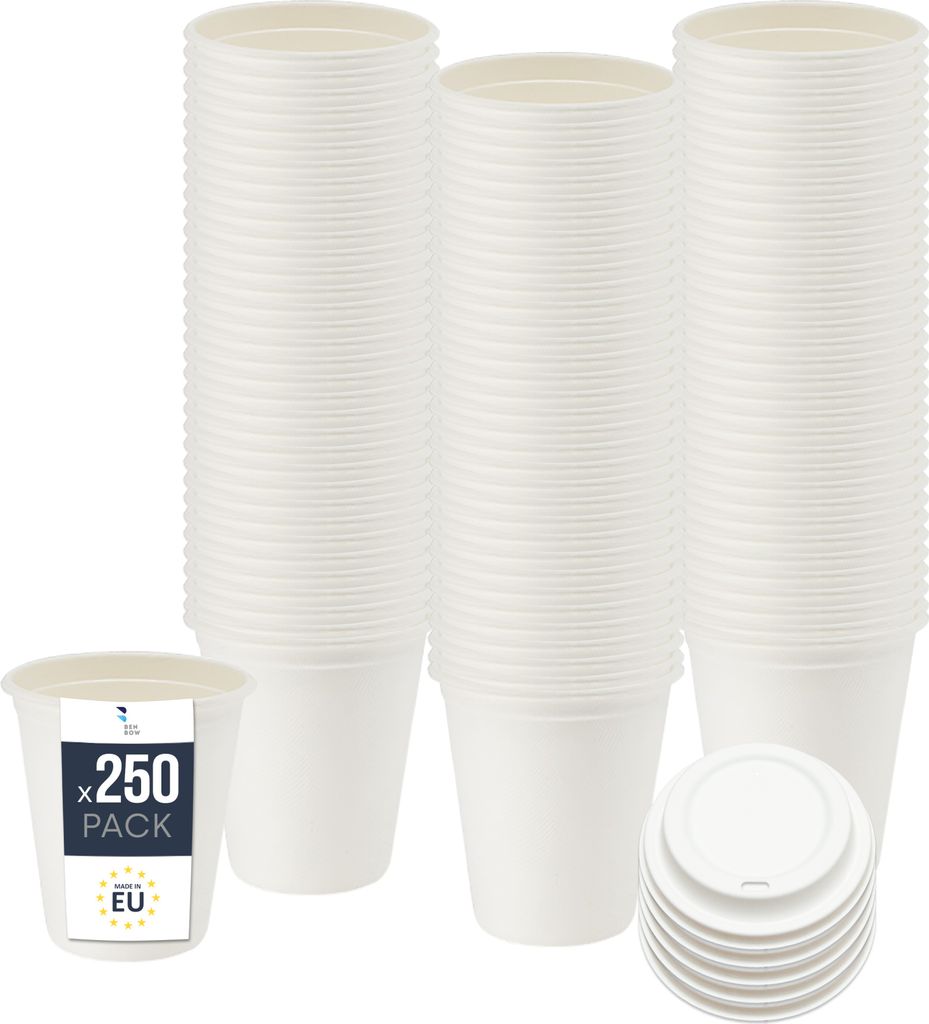 BenBow Einwegbecher aus Zuckerrohr mit Deckel, Weiß, 400 ml x 250 – Besser als Pappbecher, Umweltfreundlich, Ideal für Partys oder Kaffee