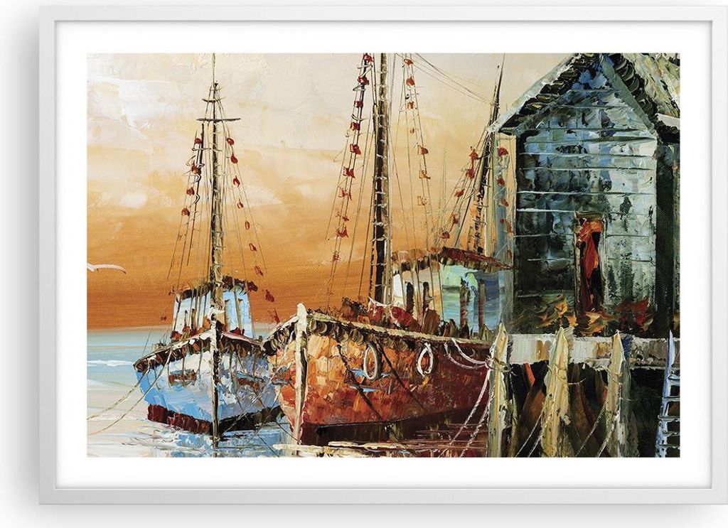 Gerahmtes Poster - Weißer Rahmen - Kutter Hafen Öl - 70x50 cm - Wand Bild - Wanddeko - Wandbilder - Kunstposter - Wandposter - Bilderrahmen - Bil...