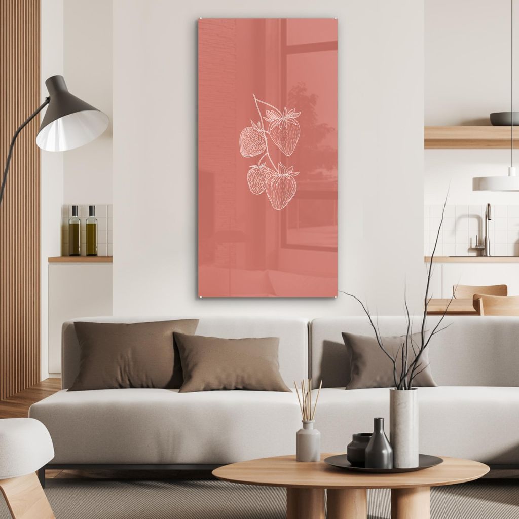 MuchoWow Glasbilder - Bilder auf Wandbild - Foto auf Glas Minimalistisch - Illustration - Erdbeere - Zweig 60x120 cm Wanddekoration aus Glas - Acry...