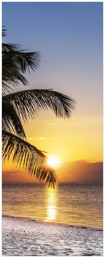 Wallario Memoboard Magnettafel aus Glas, Größe 32 x 80 cm, Motiv Palme am Strand - Sonnenuntergang über dem Meer