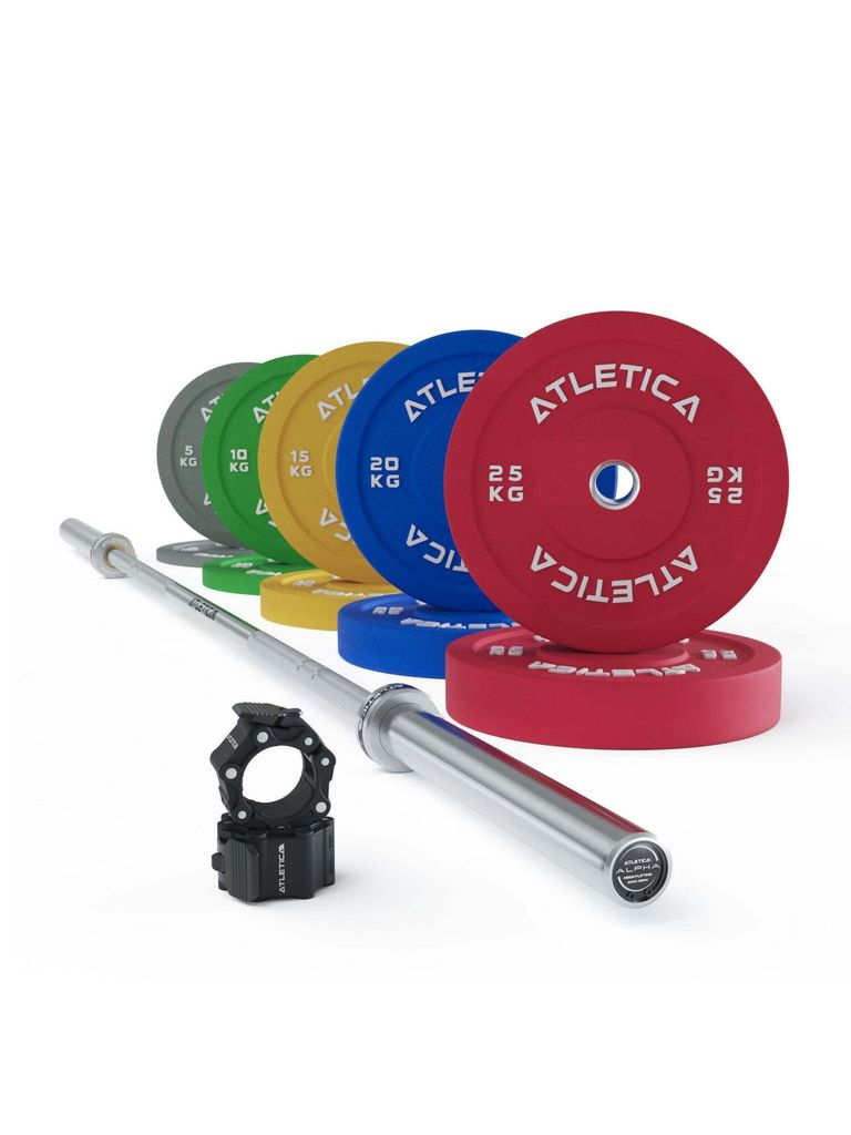 ATLETICA Alpha Weightlifting Hantelstangen Set | Premium Trainings-Langhantel | 150kg Color Bumper Plates | Pro Collars