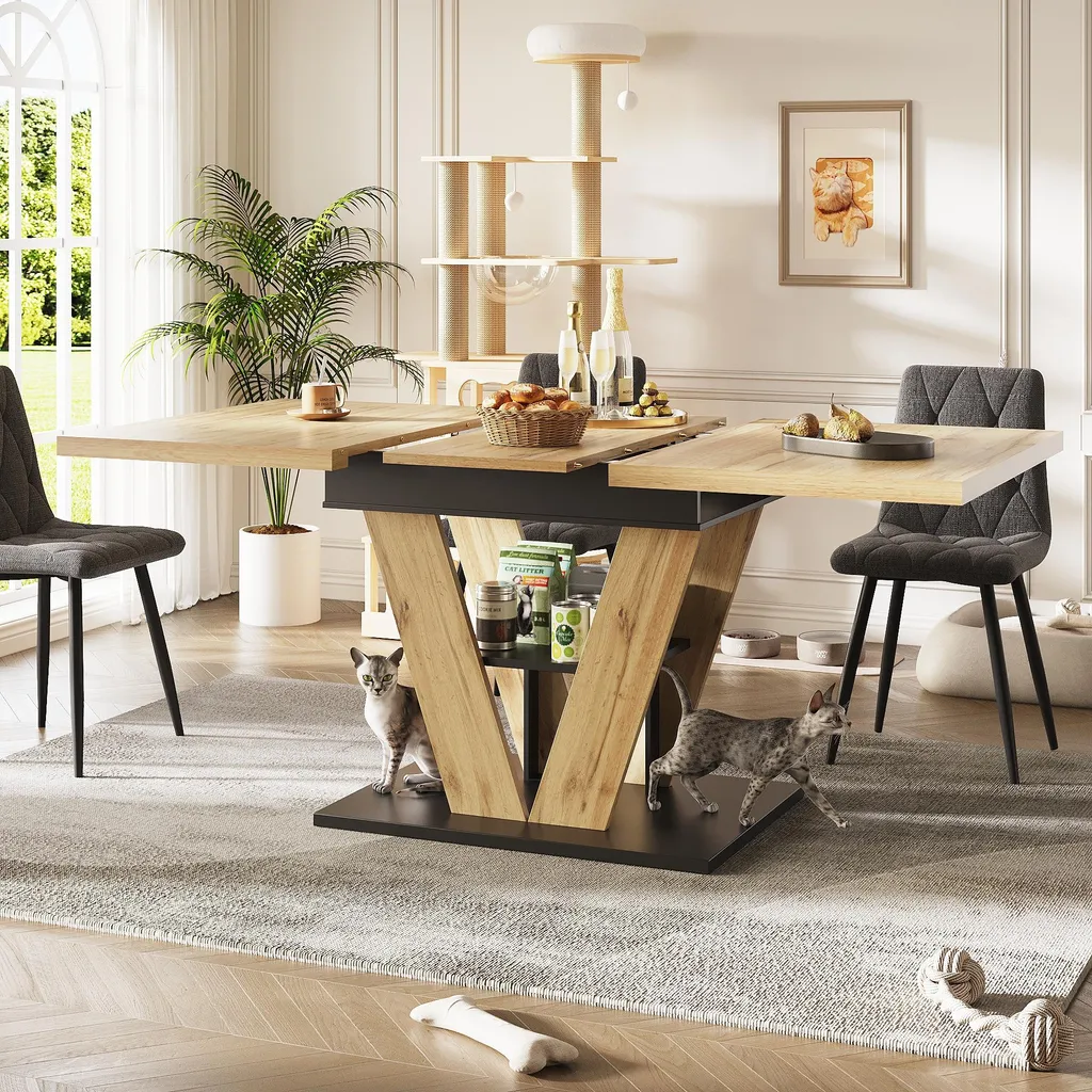 OKWISH Table à Manger Extensible 110-140 cm Plateau Bois Pieds en V