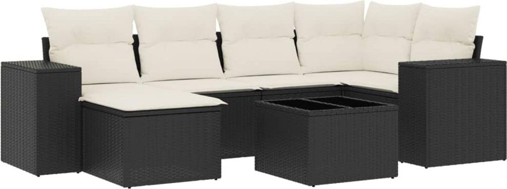 vidaXL 7-tlg. Garten-Sofagarnitur mit Kissen Schwarz Poly Rattan