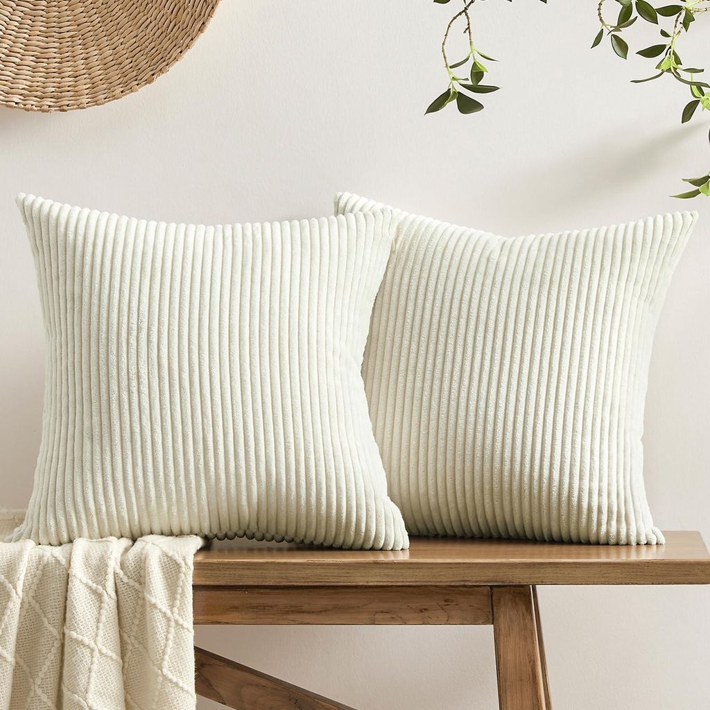 Set mit 2 Kissenbezügen 60x60 cm, beige und weiß, Cord, weich und flauschig, große Kissenbezüge, moderne Dekoration für Sofa, Bett, Wohnzimmer...