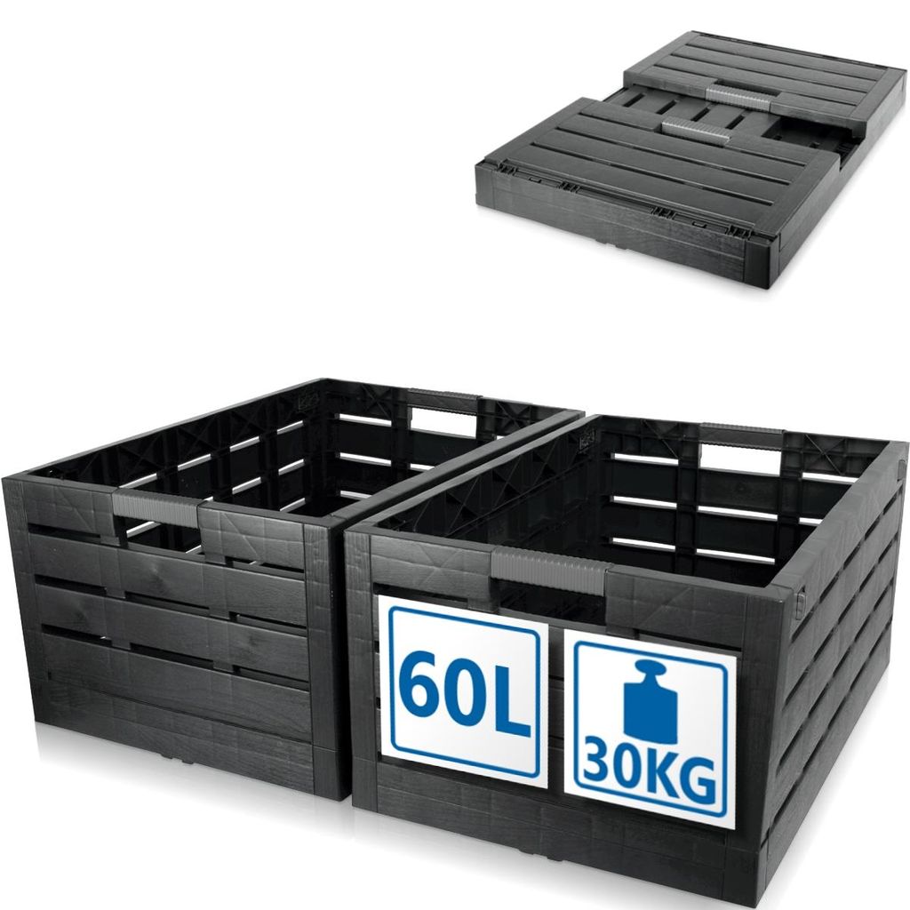 Two black plastic storage crates are shown in the foreground, with a folded plastic pallet in the background. One crate has two square white labels with blue text and icons.
