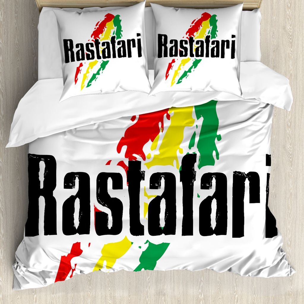 ABAKUHAUS Rasta Bettbezug, Grunge Rastafari Wörter, Milbensicher Allergiker geeignet mit Kissenbezügen, 200 cm x 200 cm - 80 x 80 cm, Rot Grün u...